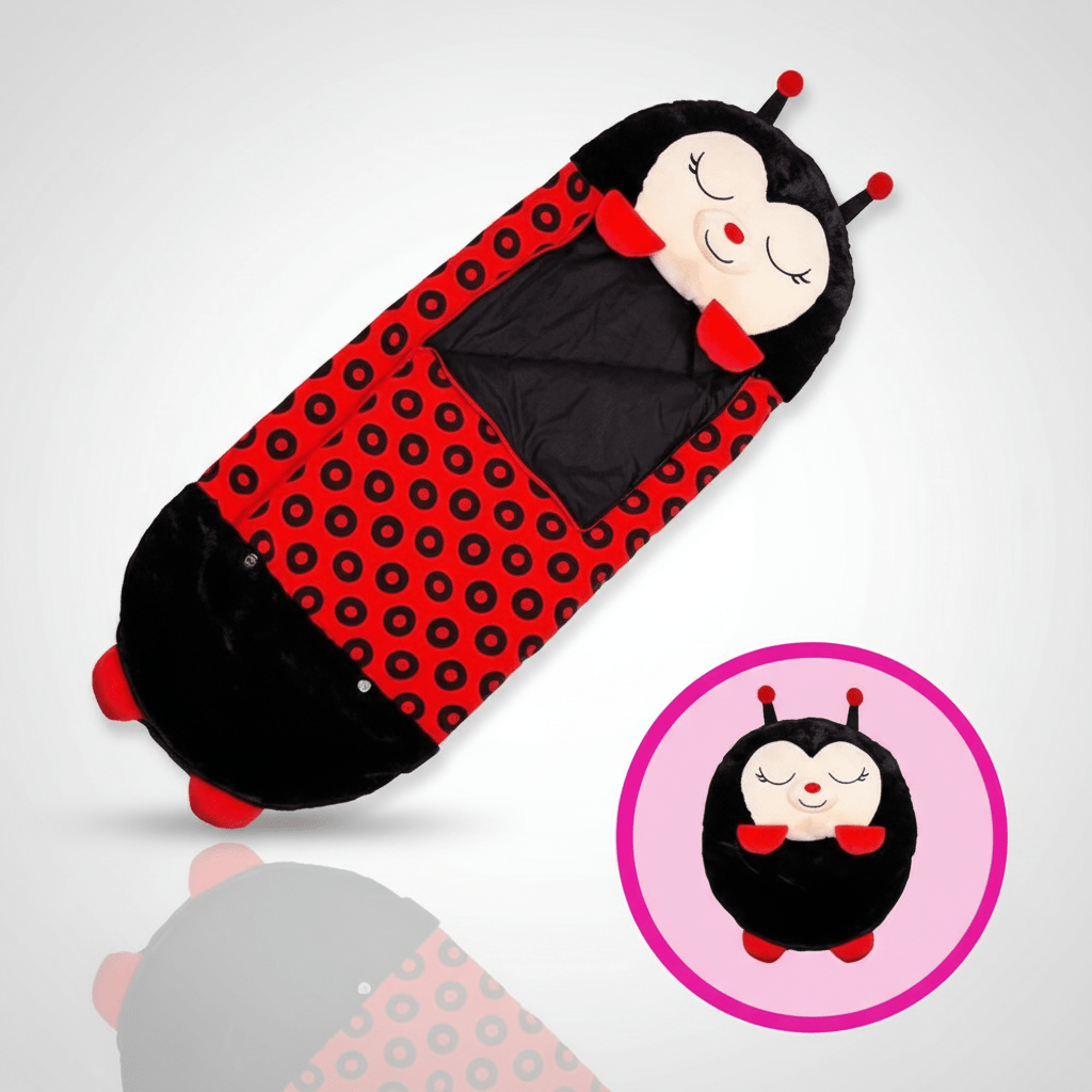 Kids sleeping bag featuring a soft animal design with a 2-in-1 pillow function, perfect for sleepovers and travel. 0